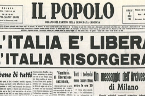 Histórico titular en periódico italiano del 25 de Abril de 1945